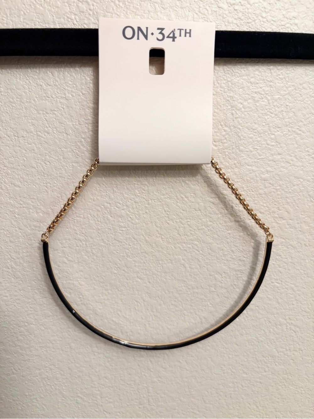 ON 34th Gold and Black Collar Necklace w/curved bar and delicate chain. NWT